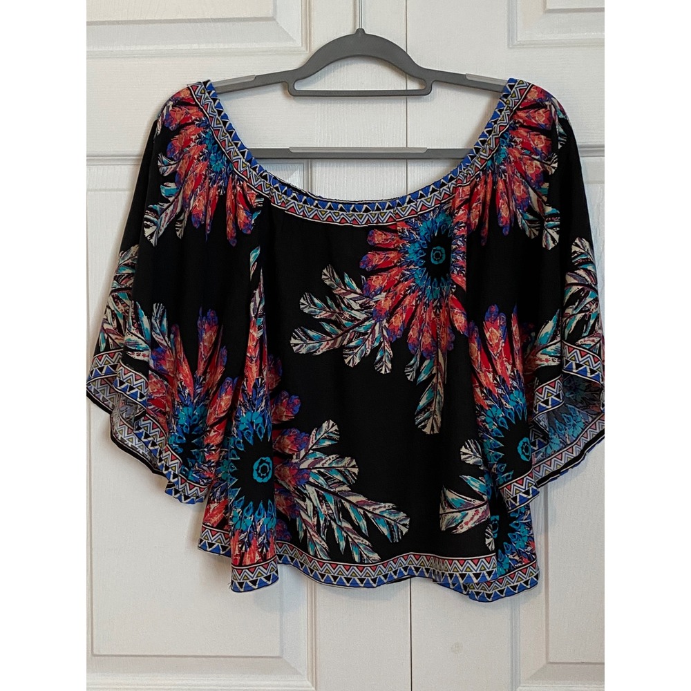 Freemarket Flying Tomato Boho Feather Print Off Shoulder Crop Top Black